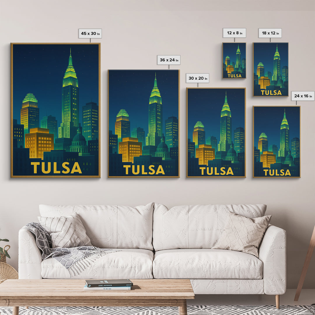 Tulsa Oklahoma Travel Poster, Canvas Print, Electric Night Poster Art, Tulsa Wall Art, City Travel Prints, Watercolor Cityscape, Poster Art