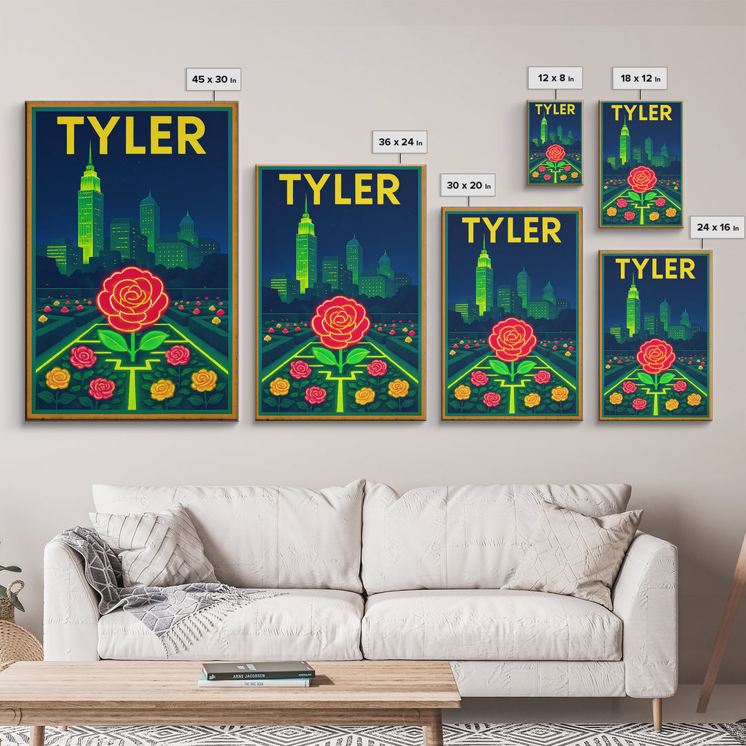 Tyler Travel Poster, Canvas Print, Neon Urban Skyline Wall Art, Tyler City Art, Vintage Travel Print, Travel Poster Art, Landscape Art