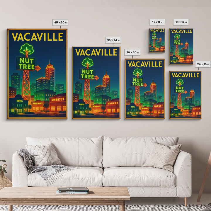 Vacaville Travel Poster, Framed Canvas Print, Electric Night Poster Art, Vacaville Travel Art, Travel Wall Art, Watercolor Skyline Art
