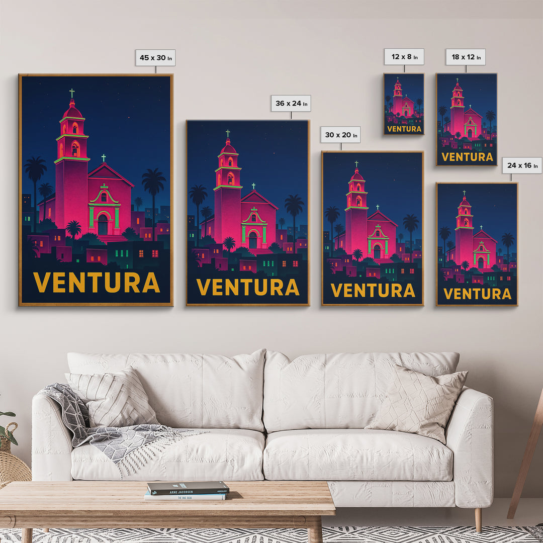 Ventura California Travel Poster, Canvas Print, Neon Skyline Art Wall Art, Ventura Art Print, Wall Decor, City Illustration, Home Decor