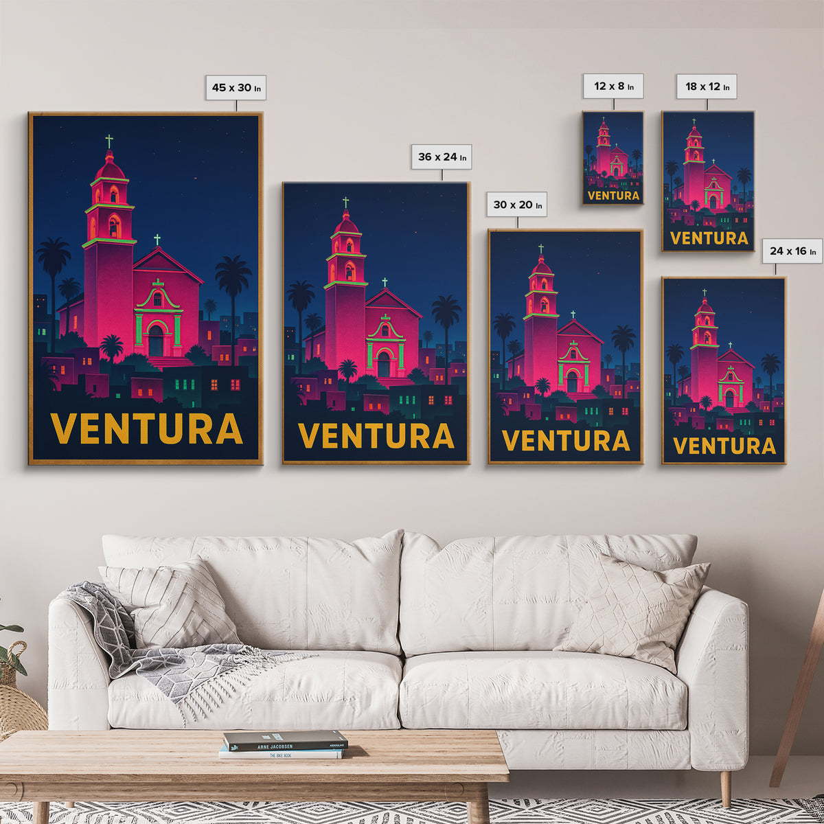 Ventura California Travel Poster, Canvas Print, Neon Skyline Art Wall Art, Ventura Art Print, Wall Decor, City Illustration, Home Decor