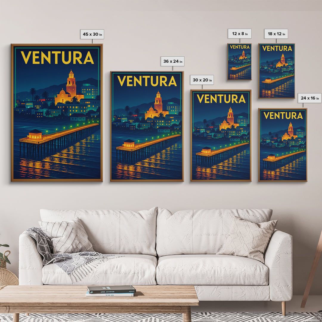 Ventura Travel Poster, Canvas Print, Retro Neon Travel Art, Ventura Poster Print, Living Room Wall Art, City Illustration, Travel Decor