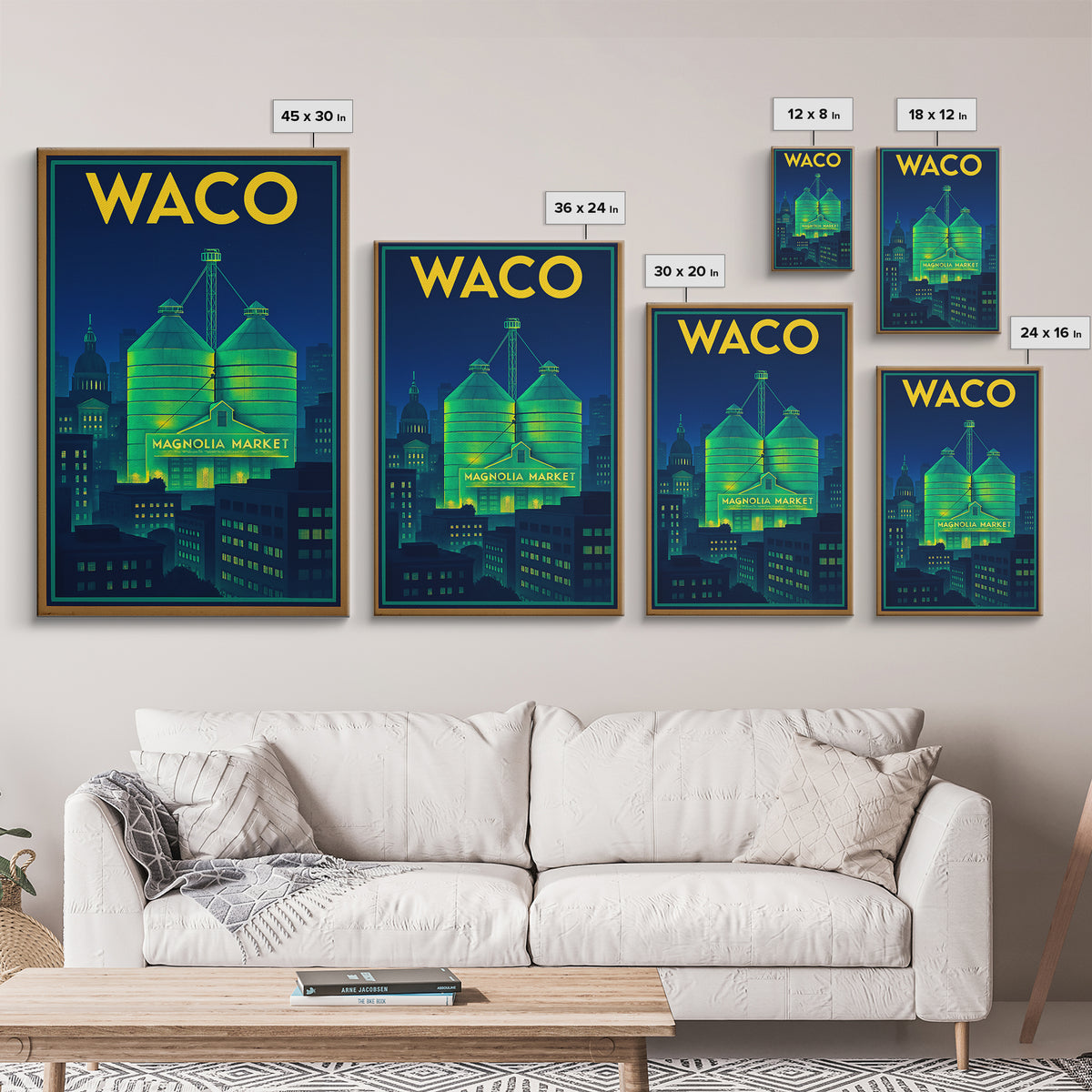 Waco Travel Poster, Framed Canvas Print, Electric Night Poster Art, Waco Travel Art, Watercolor Cityscape, Travel Wall Art, Poster Print