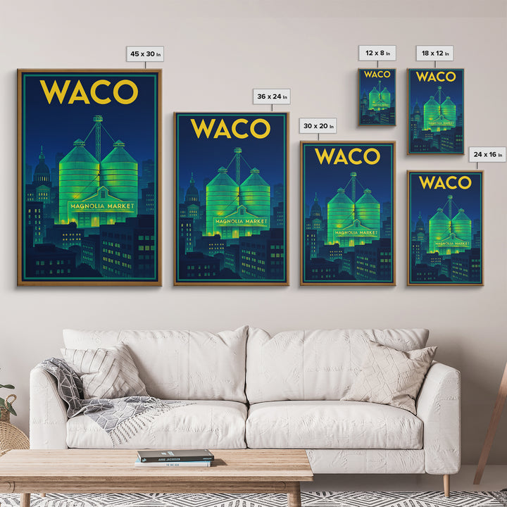 Waco Travel Poster, Framed Canvas Print, Electric Night Poster Art, Waco Travel Art, Watercolor Cityscape, Travel Wall Art, Poster Print