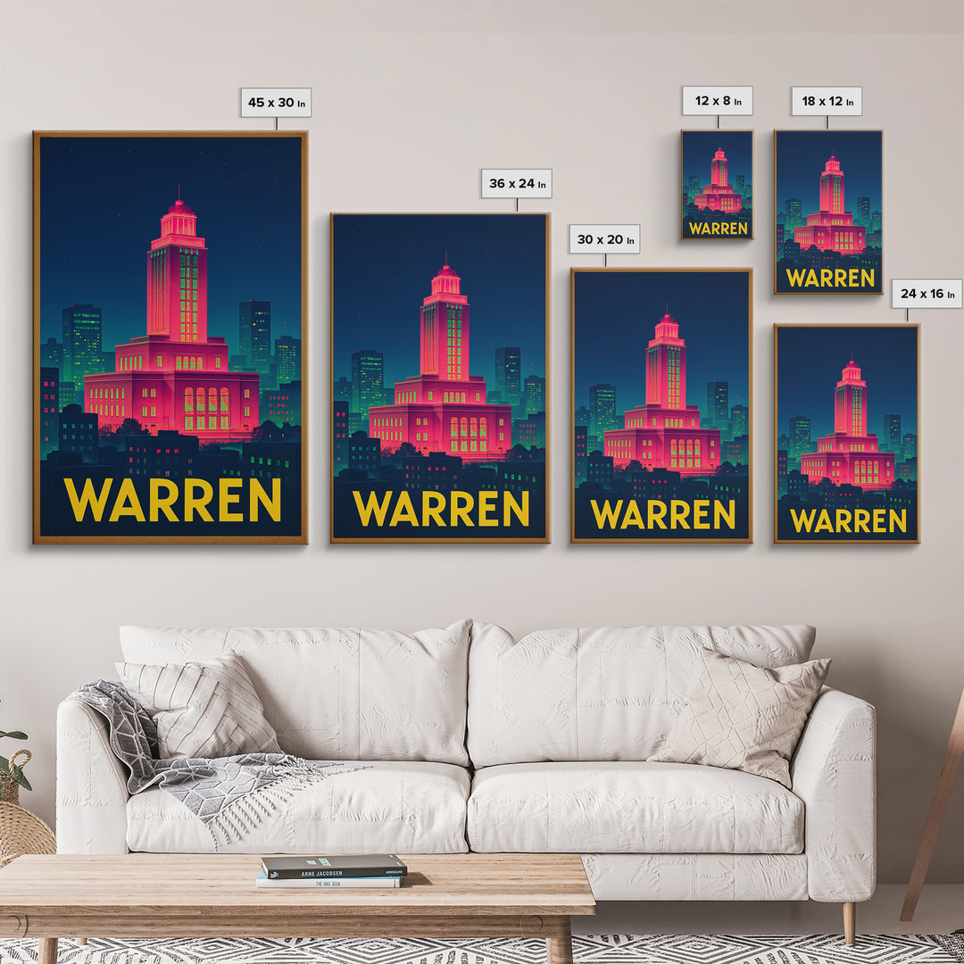 Warren Michigan Travel Poster, Canvas Print, Retro Neon Travel Art, Warren Wall Art, Home Office Decor, Modern Wall Decor, City Illustration