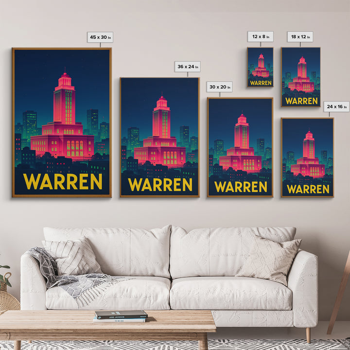 Warren Michigan Travel Poster, Canvas Print, Retro Neon Travel Art, Warren Wall Art, Home Office Decor, Modern Wall Decor, City Illustration