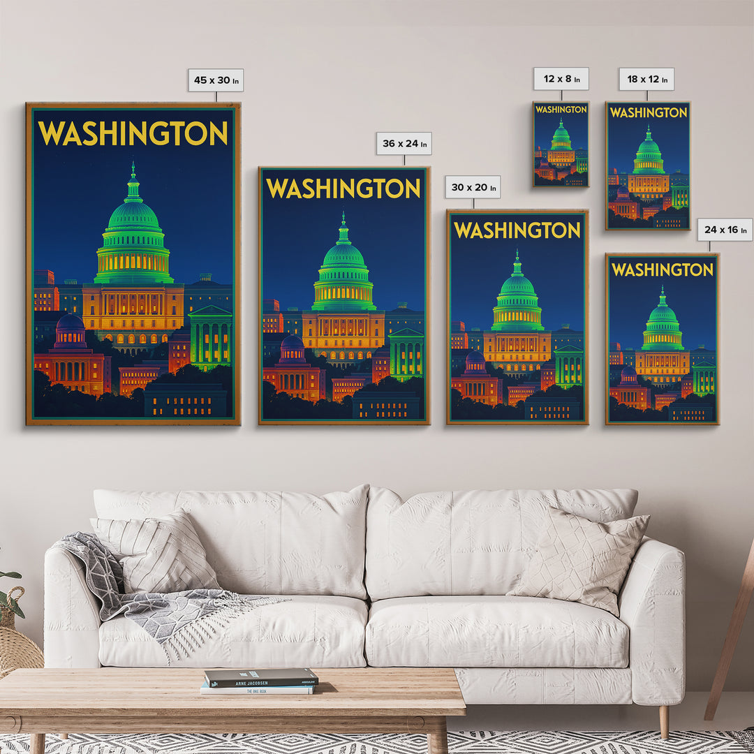Washington Travel Poster, Canvas Print, Neon Skyline Wall Art, Washington Travel Art, Modern Wall Decor, City Travel Prints, Wall Art