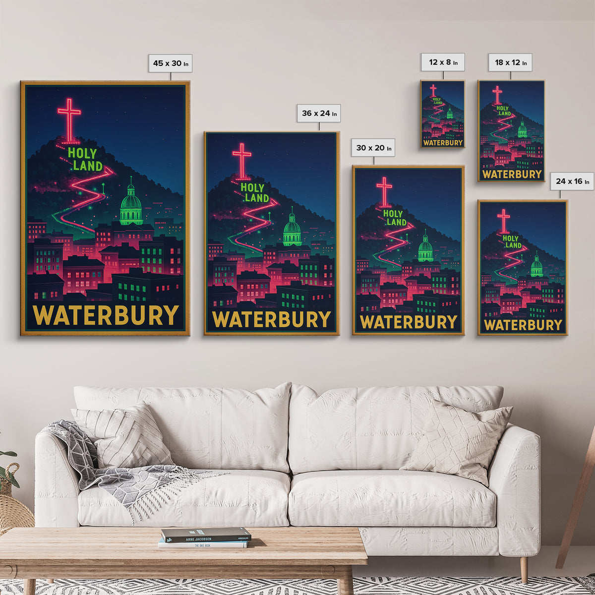 Waterbury Travel Poster, Framed Canvas Print, Neon Skyline Wall Art, Waterbury Art Print, Fine Art Print, Vintage Travel Art