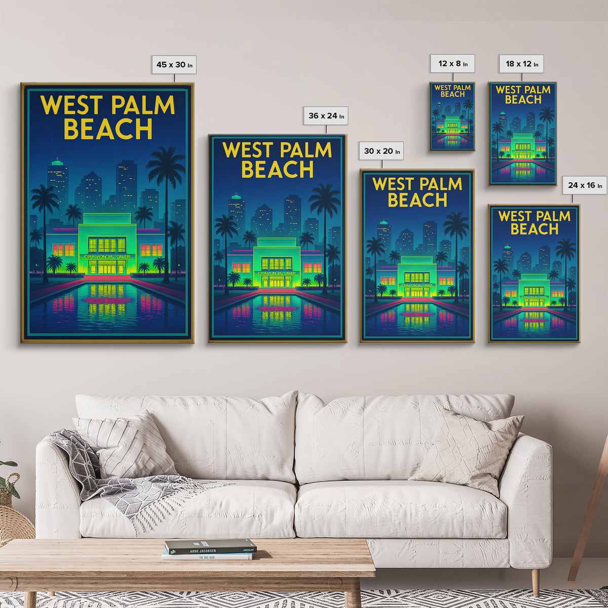 West Palm Beach Travel Poster, Framed Canvas Print, Neon City Skyline Wall Art, West Palm Beach Poster Print, Retro Travel Print, Wall Art