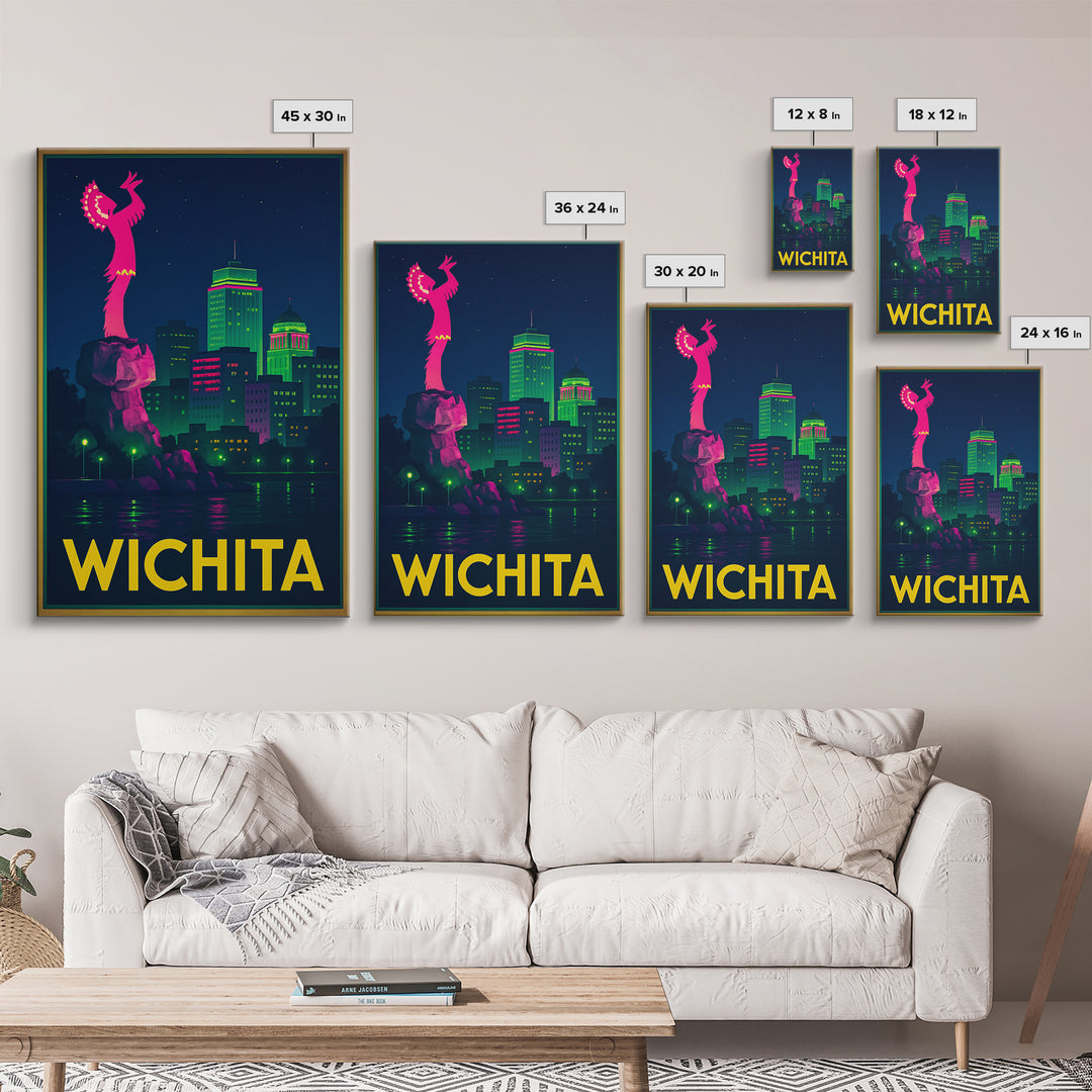 Wichita Kansas Travel Poster, Canvas Print, Retro Neon Travel Art, Wichita Print, City Poster, Travel Wall Art, Watercolor Urban Skyline