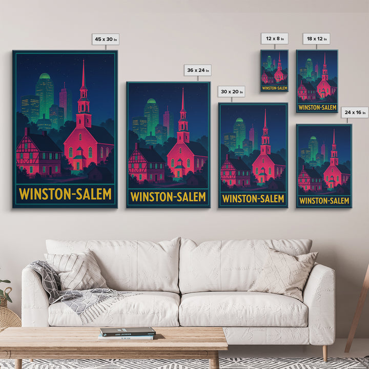 Winston Salem North Carolina Travel Poster, Canvas Print, Retro Neon Travel Art, Winston Salem Art Print, Watercolor Urban Skyline