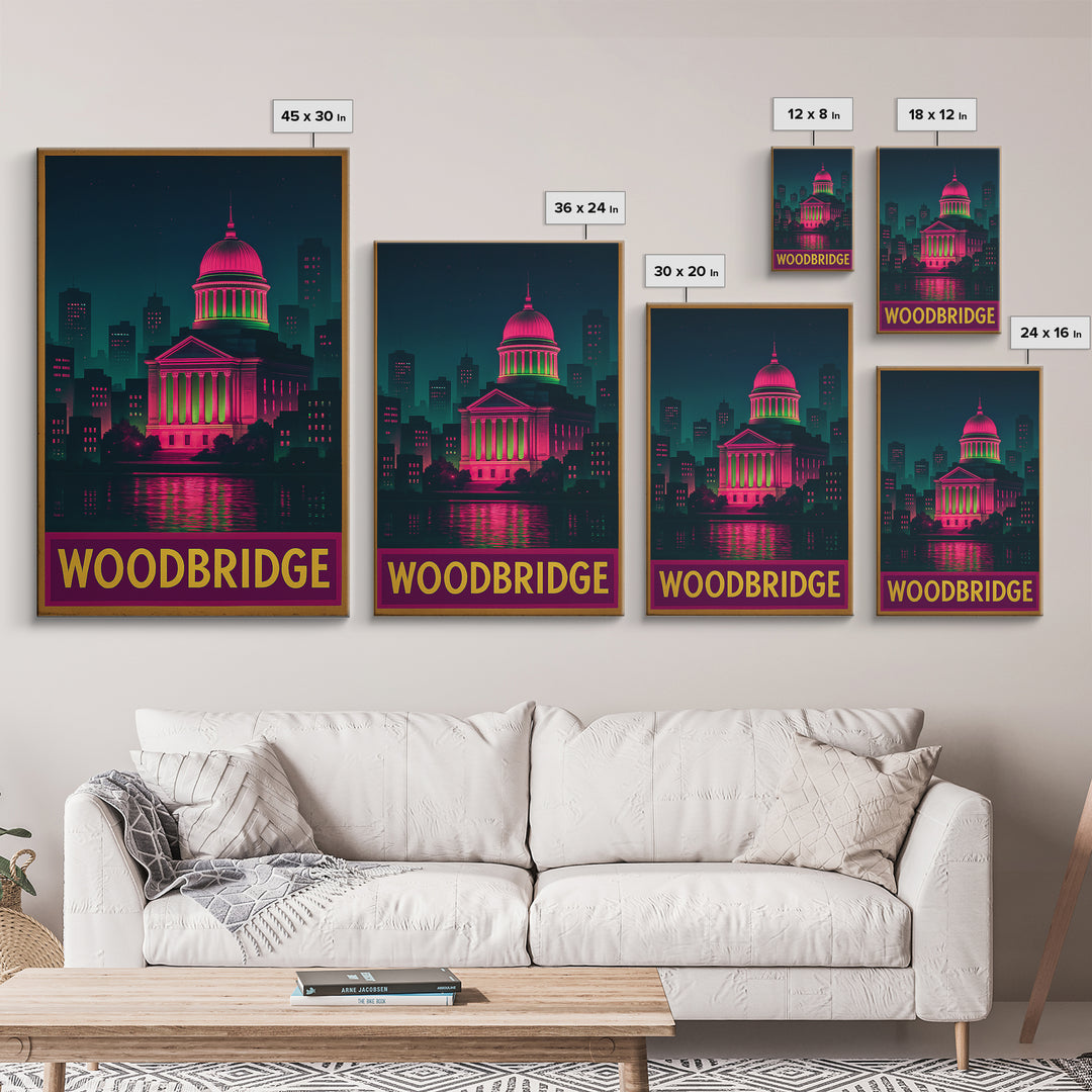 Woodbridge Travel Poster, Canvas Print, Retro Neon Travel Art, Woodbridge Art Print, Modern Wall Decor, Travel Poster Art, Travel Wall Art