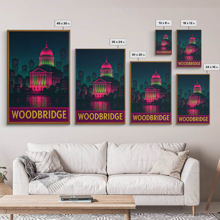 Woodbridge Travel Poster, Canvas Print, Retro Neon Travel Art, Woodbridge Art Print, Modern Wall Decor, Travel Poster Art, Travel Wall Art
