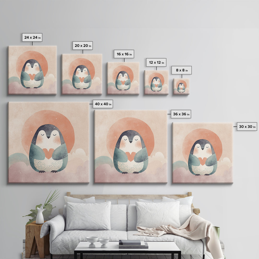 Penguin Holding a Little Heart Shape Canvas Print, Nursery Art, Watercolor Print, Nursery Decor, Abstract Art, Nursery, NUR-1x1-10
