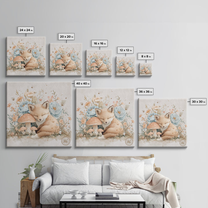 Woodland Fox Tucked Framed Canvas Print, Nursery Art, Whimsical Wall Art, Nursery Decor, Watercolor Art, Nursery, NUR-1x1-100