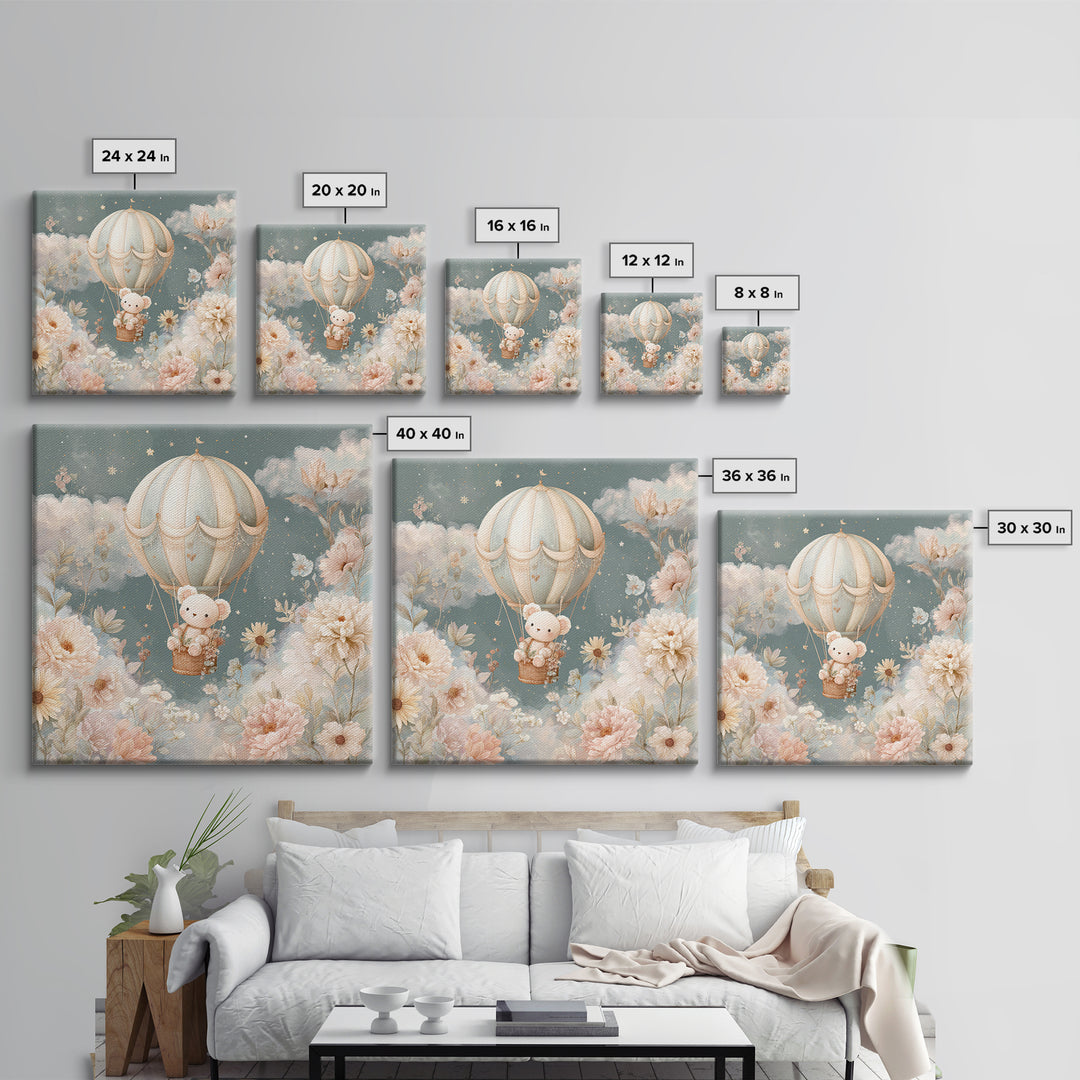 Floating Hot Air Balloon Framed Canvas Print, Nursery Art, Digital Art, Nursery Decor, Fine Art, Nursery, Girl Nursery Decor, NUR-1x1-12