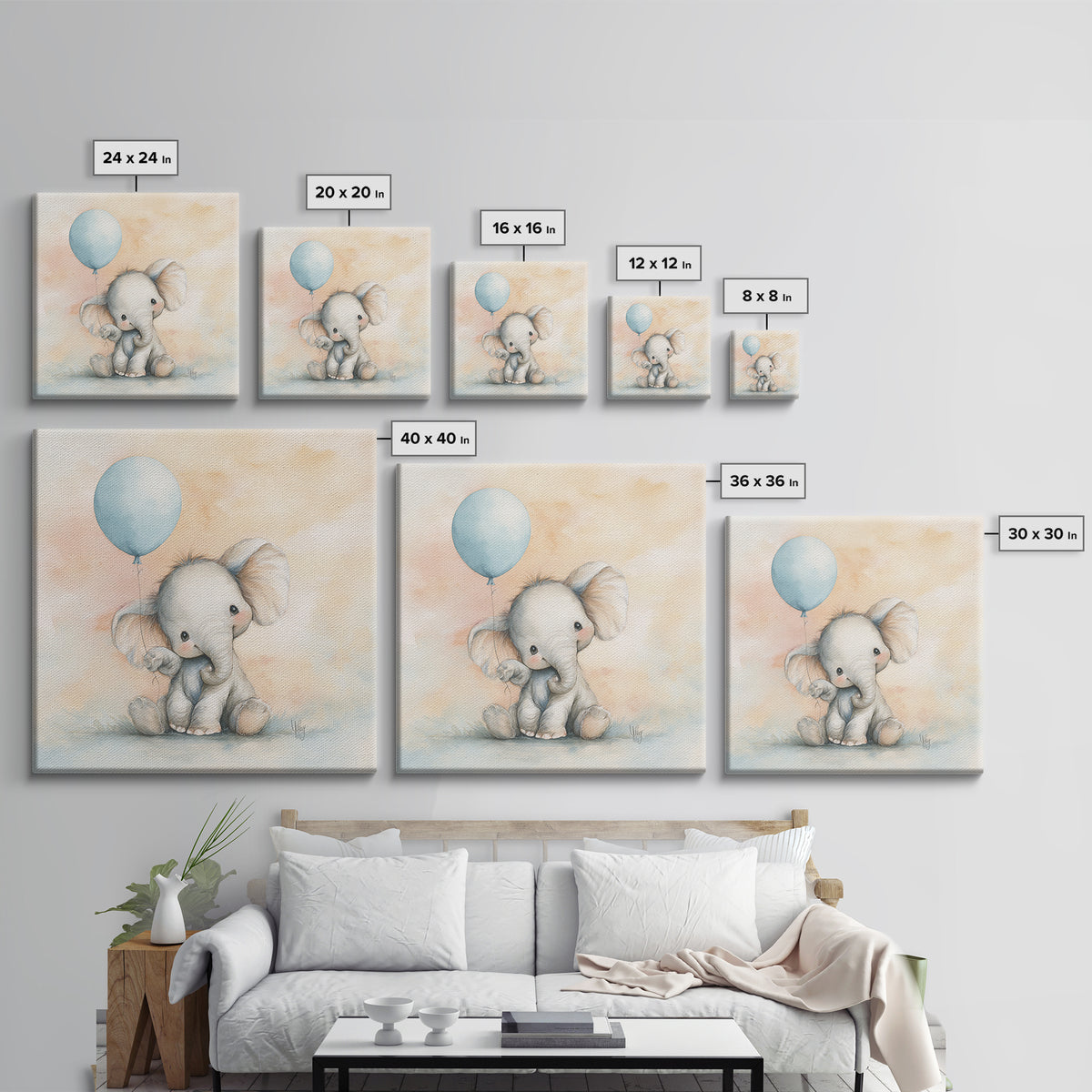 Sleepy Baby Elephant Holding a Tiny Balloon Canvas Print, Nursery Art, Neutral Decor, Nursery Decor, Fine Art, Nursery, NUR-1x1-25