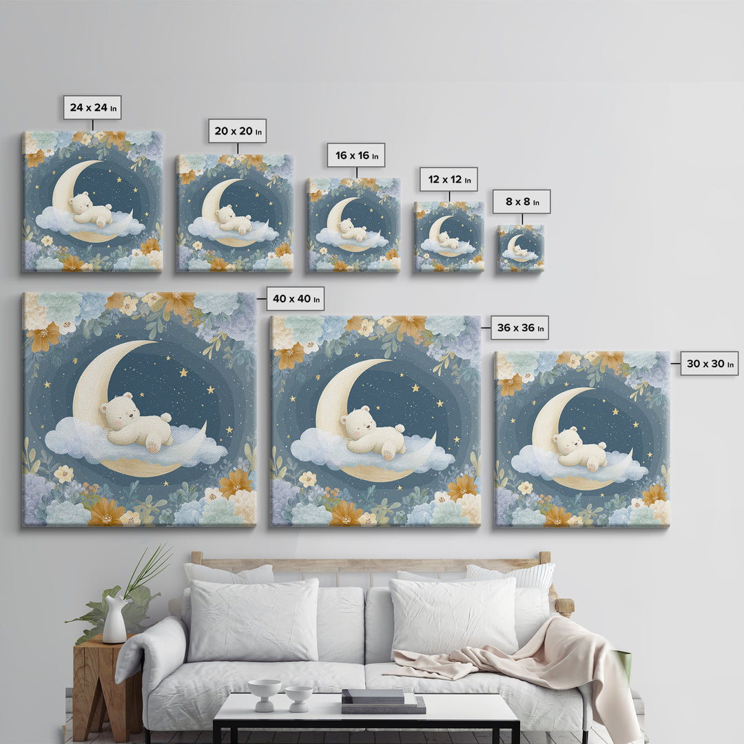 Baby Bear Floating on a Crescent Moon Canvas Print, Nursery Art, Kids Wall Decor, Nursery Decor, Oil Painting, Nursery, NUR-1x1-30