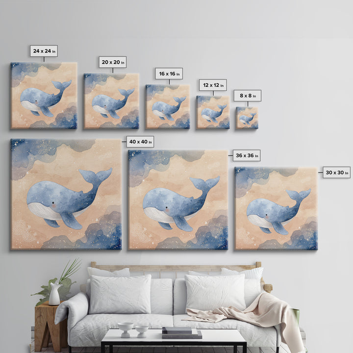 Whale and Tiny Stars Framed Canvas Print, Nursery Art, Home Decor, Nursery Decor, Fine Art, Nursery, Contemporary Art, NUR-1x1-32