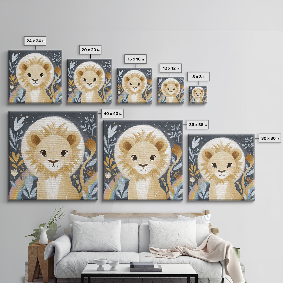 Lion Cub with Soft Golden Mane Framed Canvas Print, Nursery Art, Fine Art Print, Nursery Decor, Abstract Art, Nursery, NUR-1x1-33