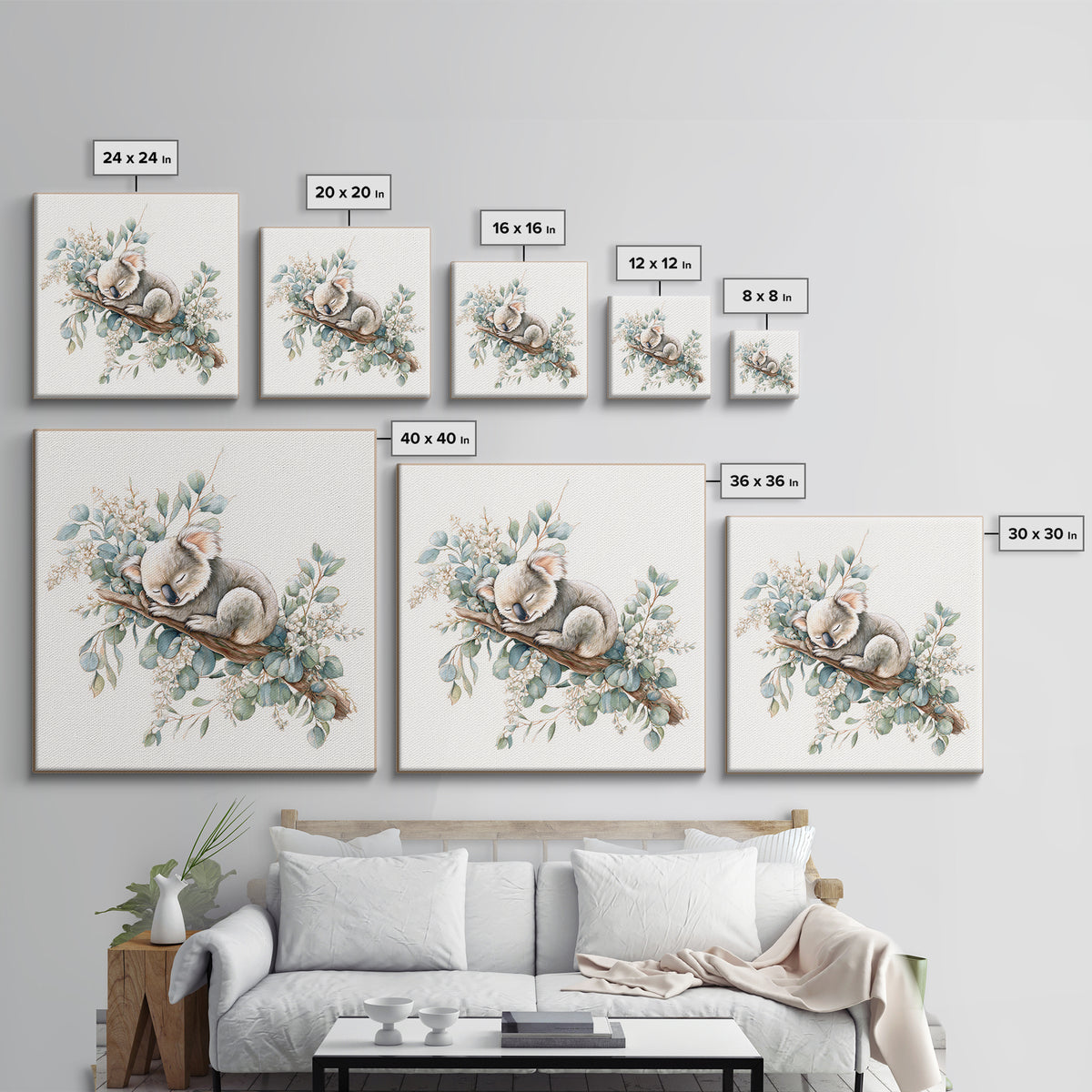 Sleeping Koala on Eucalyptus Branch Framed Canvas Print, Nursery Art, Whimsical Wall Art, Nursery Decor, Fine Art, Nursery, NUR-1x1-37