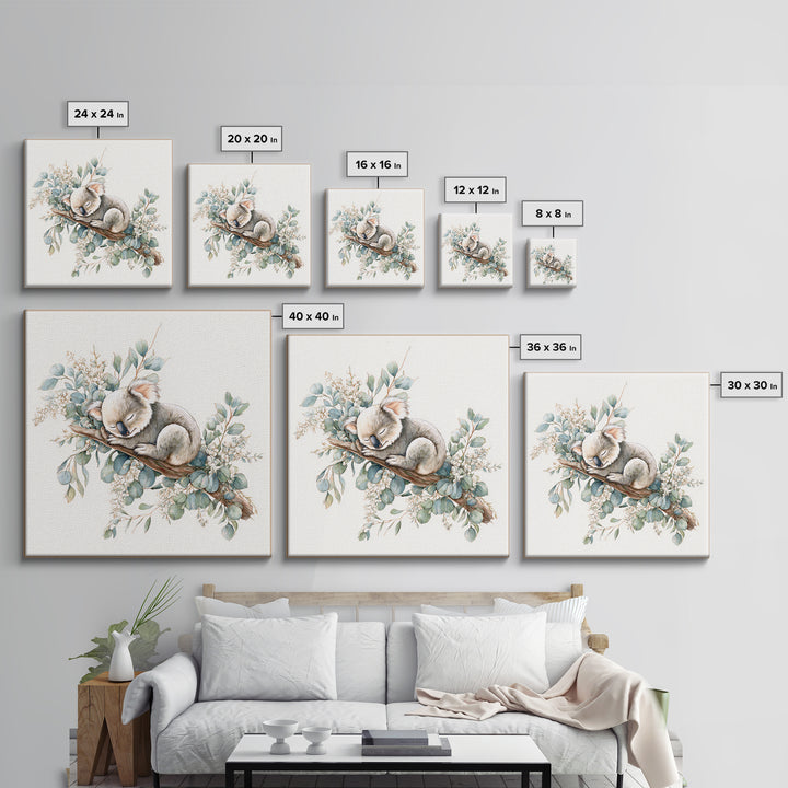 Sleeping Koala on Eucalyptus Branch Framed Canvas Print, Nursery Art, Whimsical Wall Art, Nursery Decor, Fine Art, Nursery, NUR-1x1-37
