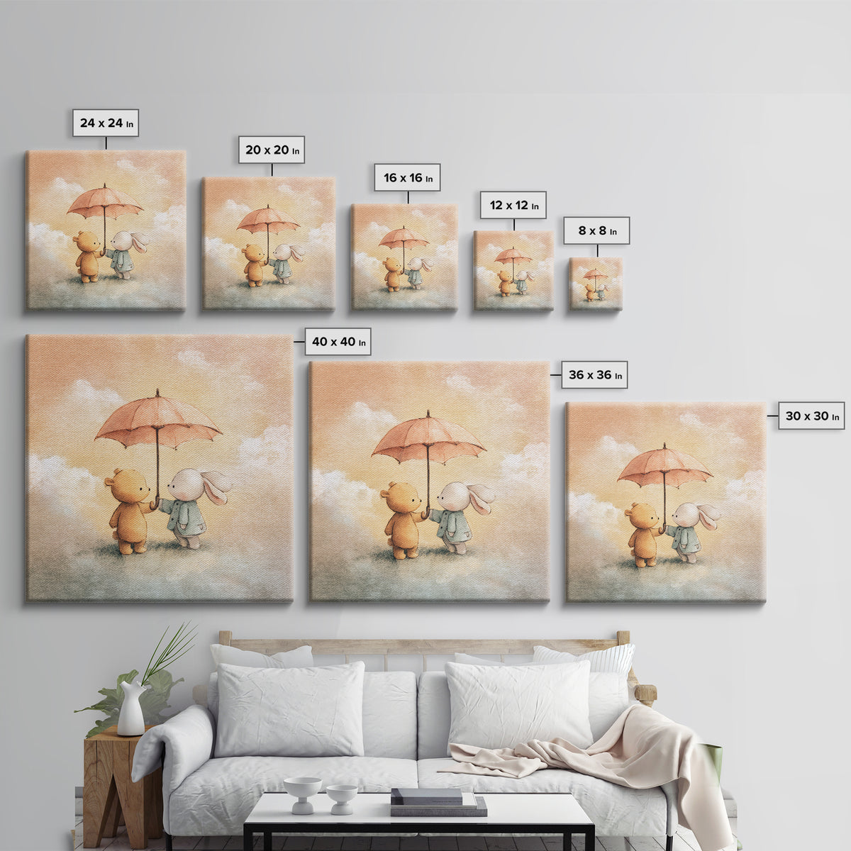 Bear and Rabbit Sharing Umbrella Framed Canvas Print, Nursery Art, Home Decor, Nursery Decor, Fine Art, Nursery, NUR-1x1-41