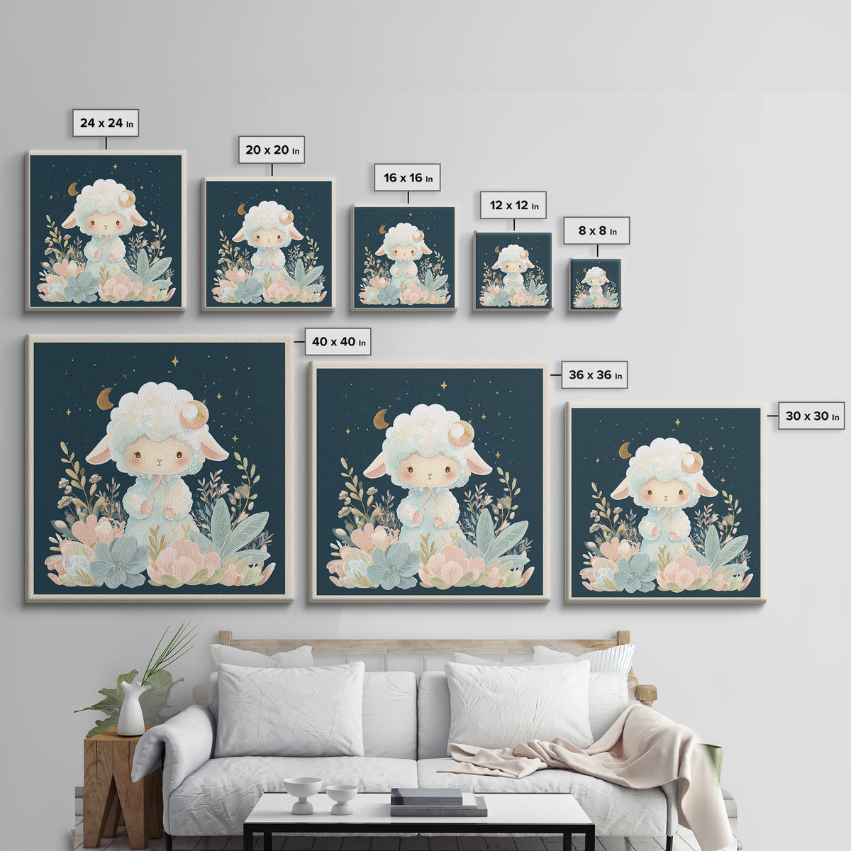 Little Lamb under a Starry Sky Framed Canvas Print, Nursery Art, Woodland Nursery, Nursery Decor, Oil Painting, Nursery, NUR-1x1-43