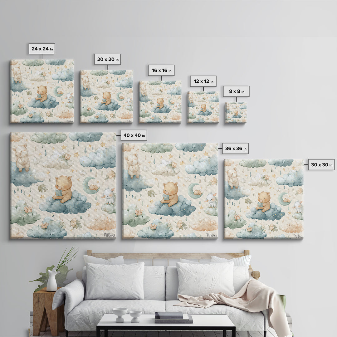 Clouds and Raindrops Framed Canvas Print, Nursery Art, Playroom Wall Art, Nursery Decor, Fine Art, Nursery, Statement Artwork, NUR-1x1-46