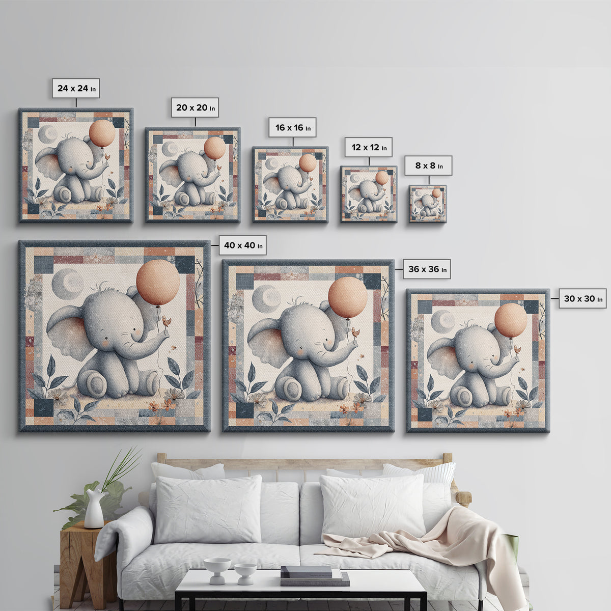 Sleepy Baby Elephant Holding a Tiny Balloon Canvas Print, Nursery Art, Neutral Decor, Nursery Decor, Fine Art, Nursery, NUR-1x1-49