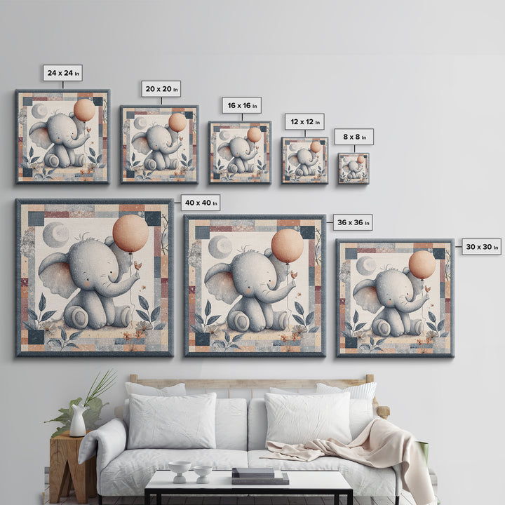 Sleepy Baby Elephant Holding a Tiny Balloon Canvas Print, Nursery Art, Neutral Decor, Nursery Decor, Fine Art, Nursery, NUR-1x1-49