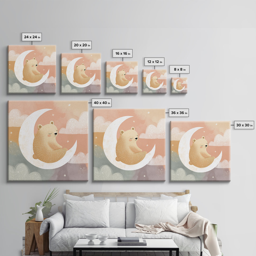 Baby Bear Floating on a Crescent Moon Canvas Print, Nursery Art, Kids Wall Decor, Nursery Decor, Oil Painting, Nursery, NUR-1x1-54