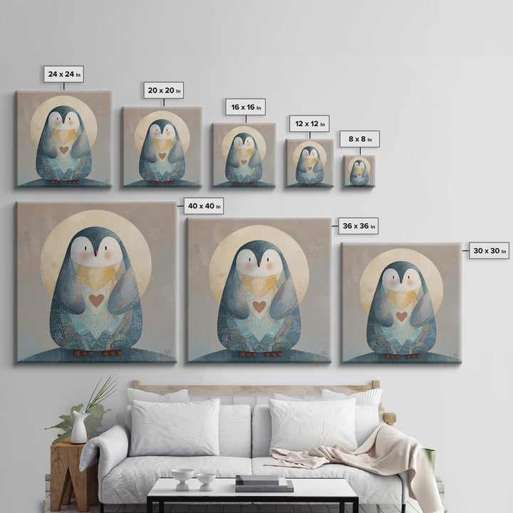 Penguin Holding a Little Heart Shape Framed Canvas Print, Nursery Art, Kids Room Wall Art, Nursery Decor, Abstract Art, Nursery, NUR-1x1-58