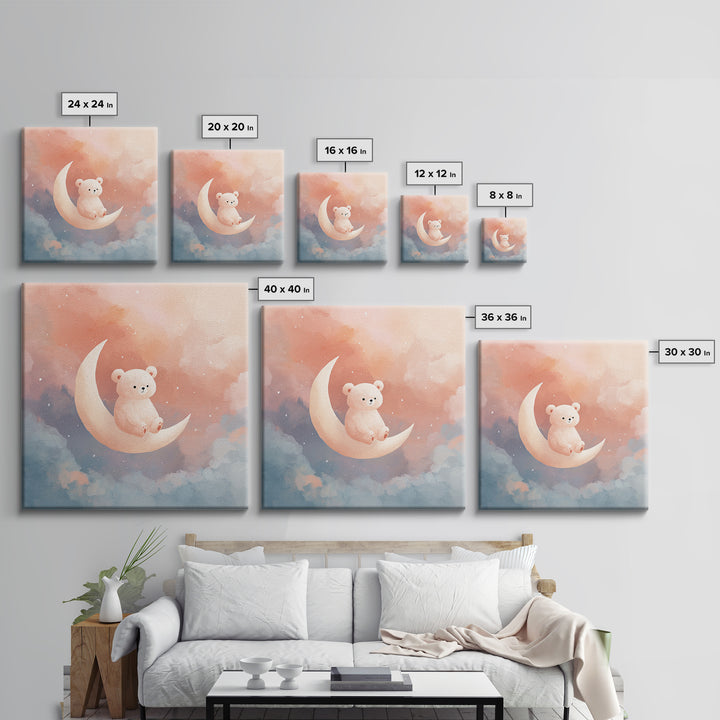 Baby Bear Floating on a Crescent Moon Framed Canvas Print, Nursery Art, Woodland Nursery, Nursery Decor, Watercolor Art, NUR-1x1-6
