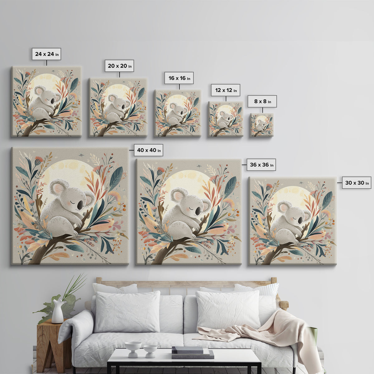 Sleeping Koala on Eucalyptus Branch Framed Canvas Print, Nursery Art, Whimsical Wall Art, Nursery Decor, Fine Art, Nursery, NUR-1x1-61