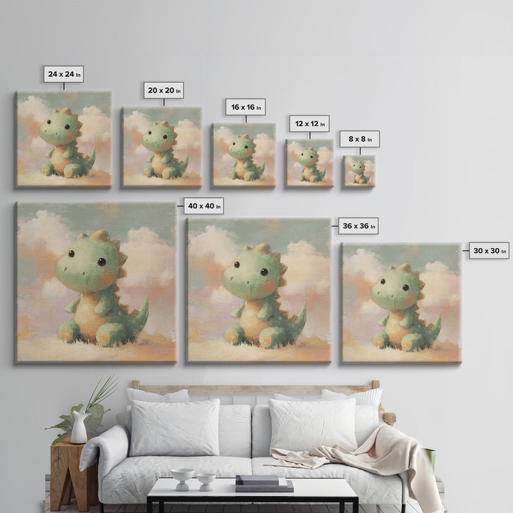 Tiny Dinosaur with Friendly Expression Framed Canvas Print, Nursery Art, Whimsical Wall Art, Nursery Decor, Fine Art, Nursery, NUR-1x1-63