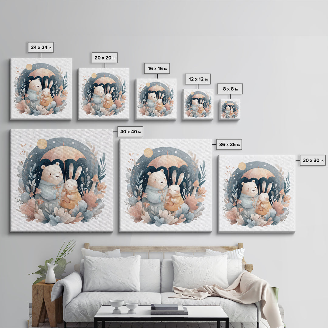 Bear and Rabbit Sharing Umbrella Framed Canvas Print, Nursery Art, Home Decor, Nursery Decor, Fine Art, Nursery, NUR-1x1-65