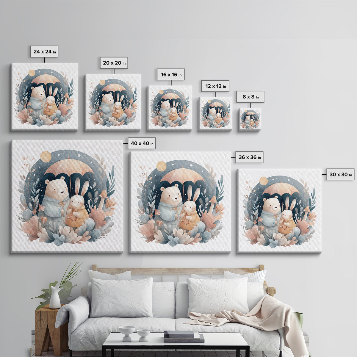 Bear and Rabbit Sharing Umbrella Framed Canvas Print, Nursery Art, Home Decor, Nursery Decor, Fine Art, Nursery, NUR-1x1-65