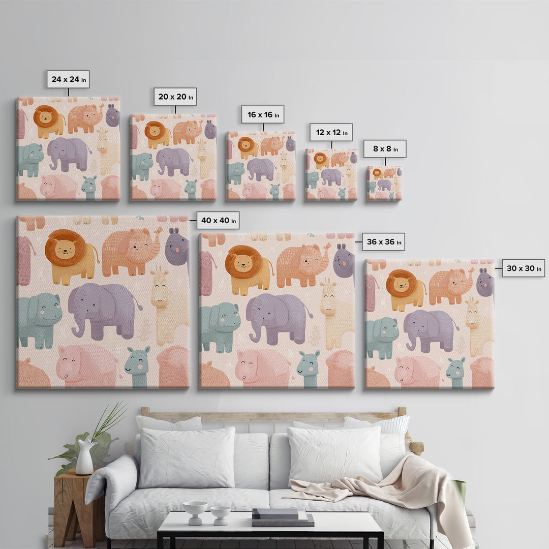 Pastel Jungle Animals Framed Canvas Print, Nursery Art, Baby Girl Nursery, Nursery Decor, Abstract Art, Nursery, Fine Art Print, NUR-1x1-66