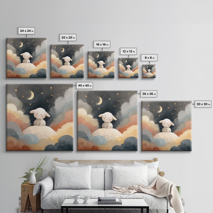 Little Lamb under a Starry Sky Framed Canvas Print, Nursery Art, Home Decor, Nursery Decor, Fine Art, Nursery, Contemporary Art, NUR-1x1-67