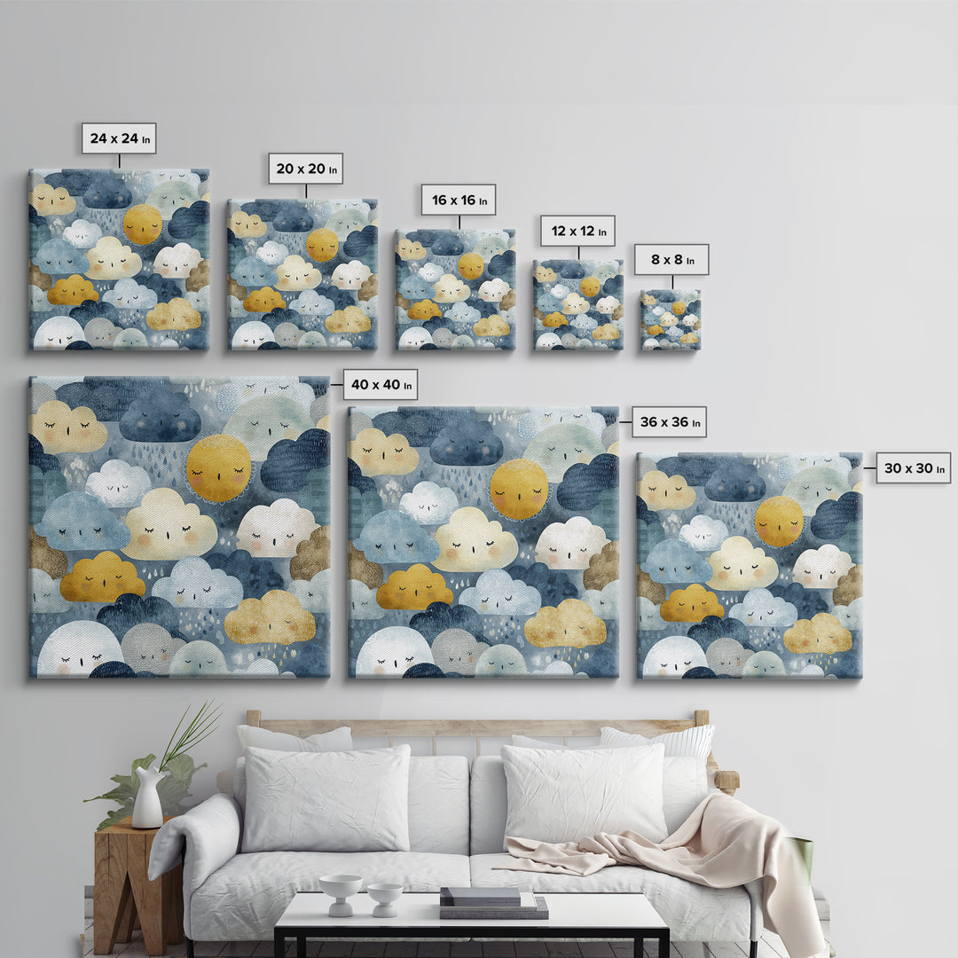 Clouds and Raindrops Framed Canvas Print, Nursery Art, Playroom Wall Art, Nursery Decor, Fine Art, Nursery, Statement Artwork, NUR-1x1-70