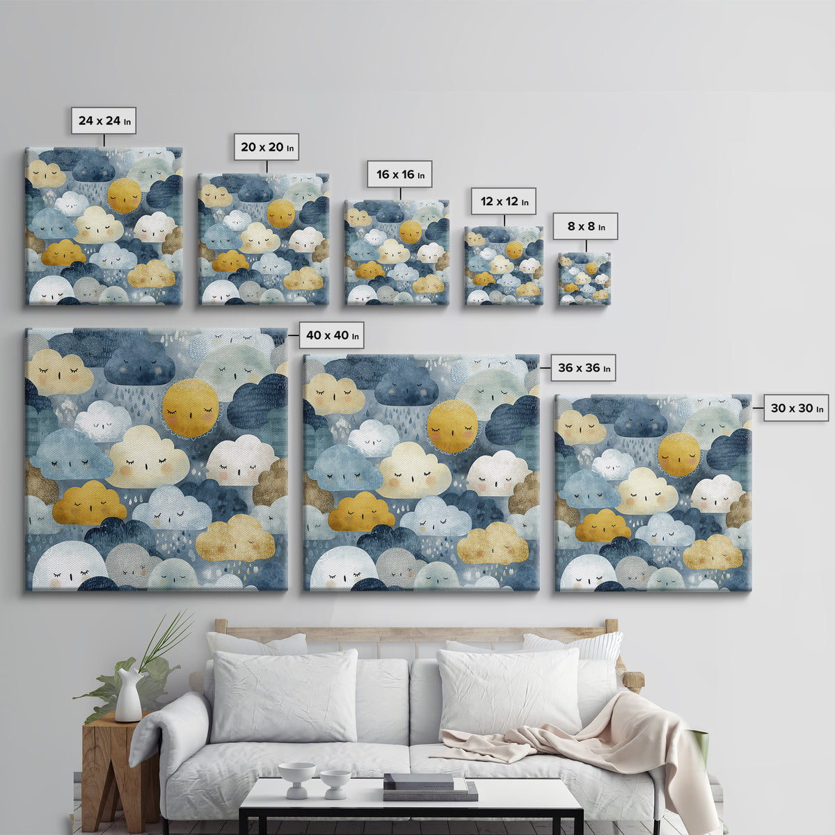 Clouds and Raindrops Framed Canvas Print, Nursery Art, Playroom Wall Art, Nursery Decor, Fine Art, Nursery, Statement Artwork, NUR-1x1-70