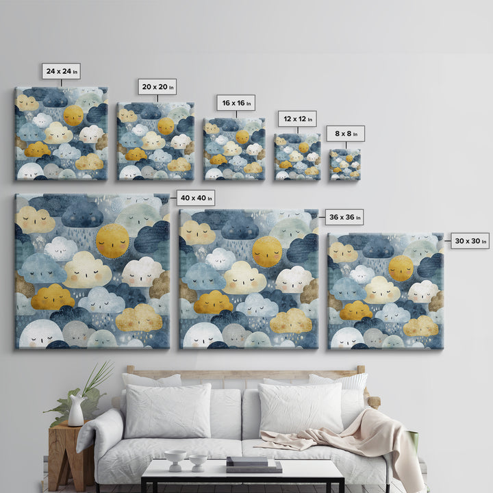 Clouds and Raindrops Framed Canvas Print, Nursery Art, Playroom Wall Art, Nursery Decor, Fine Art, Nursery, Statement Artwork, NUR-1x1-70