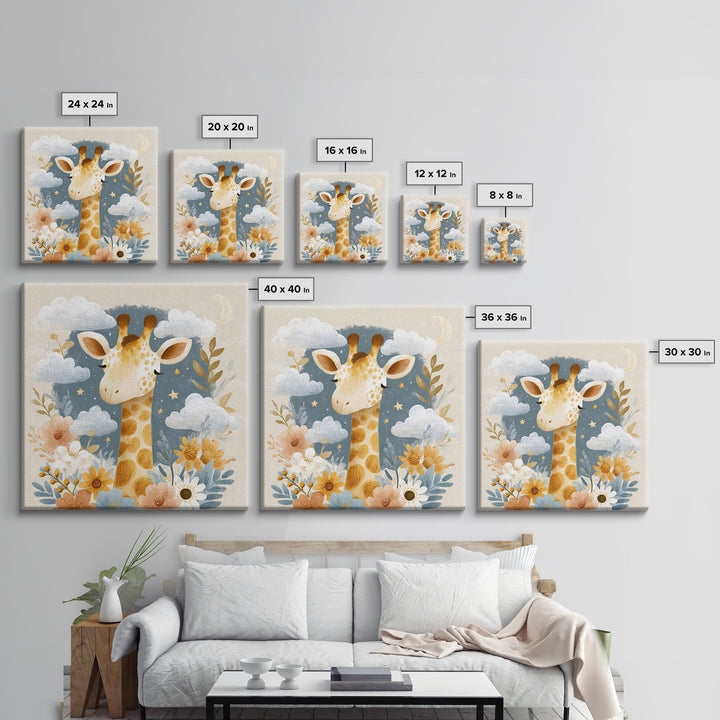 Gentle Giraffe with Pastel Flowers Framed Canvas Print, Nursery Art, Whimsical Wall Art, Nursery Decor, Watercolor Art, Nursery, NUR-1x1-74