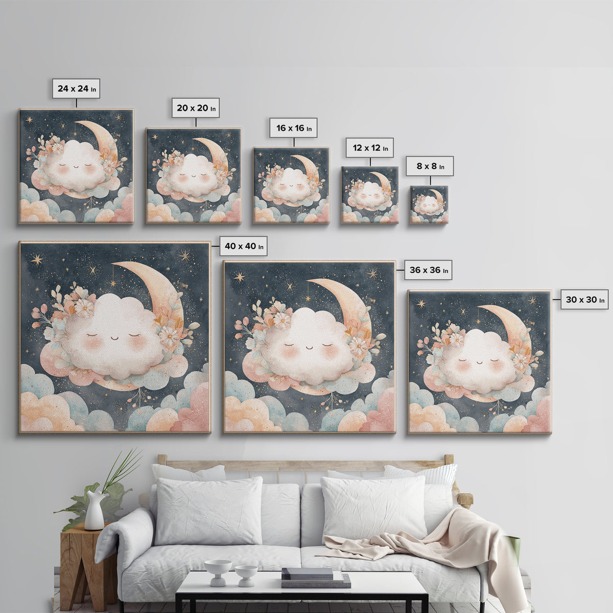 Moon and Stars Canvas Print, Nursery Art, Neutral Decor, Nursery Decor, Fine Art, Nursery, Wall Decor, Art Print, Digital Art, NUR-1x1-75