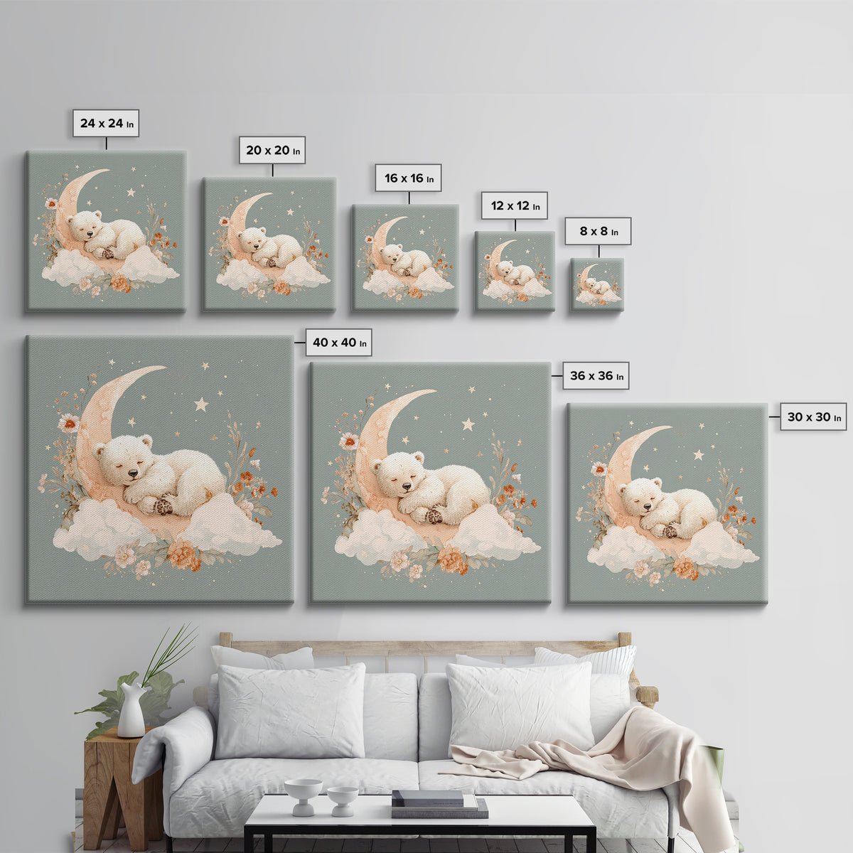 Baby Bear Floating on a Crescent Moon Framed Canvas Print, Nursery Art, Home Decor, Nursery Decor, Fine Art, Nursery, NUR-1x1-78