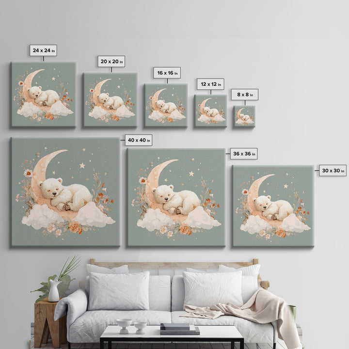 Baby Bear Floating on a Crescent Moon Framed Canvas Print, Nursery Art, Home Decor, Nursery Decor, Fine Art, Nursery, NUR-1x1-78