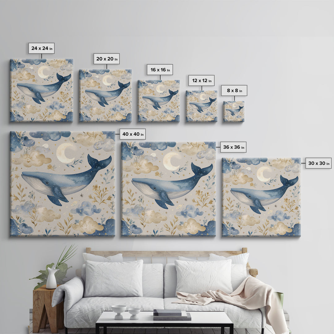 Whale and Tiny Stars Framed Canvas Print, Nursery Art, Printable Art, Nursery Decor, Fine Art, Nursery, Watercolor Print, NUR-1x1-8
