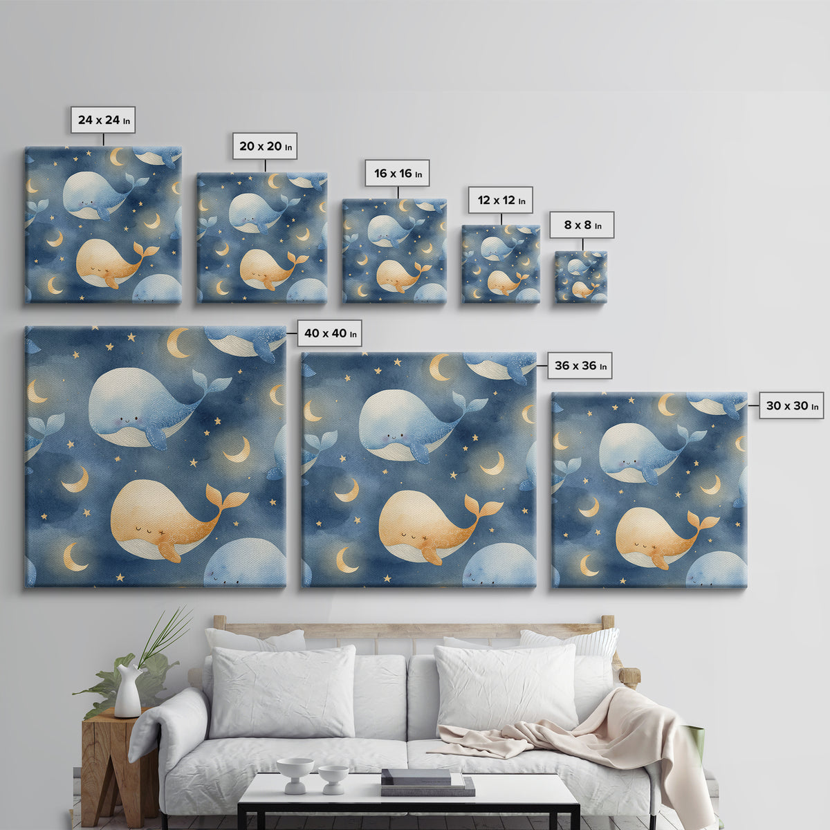 Whale and Tiny Stars Framed Canvas Print, Nursery Art, Neutral Decor, Nursery Decor, Fine Art, Nursery, Wall Decor, Art Print, NUR-1x1-80