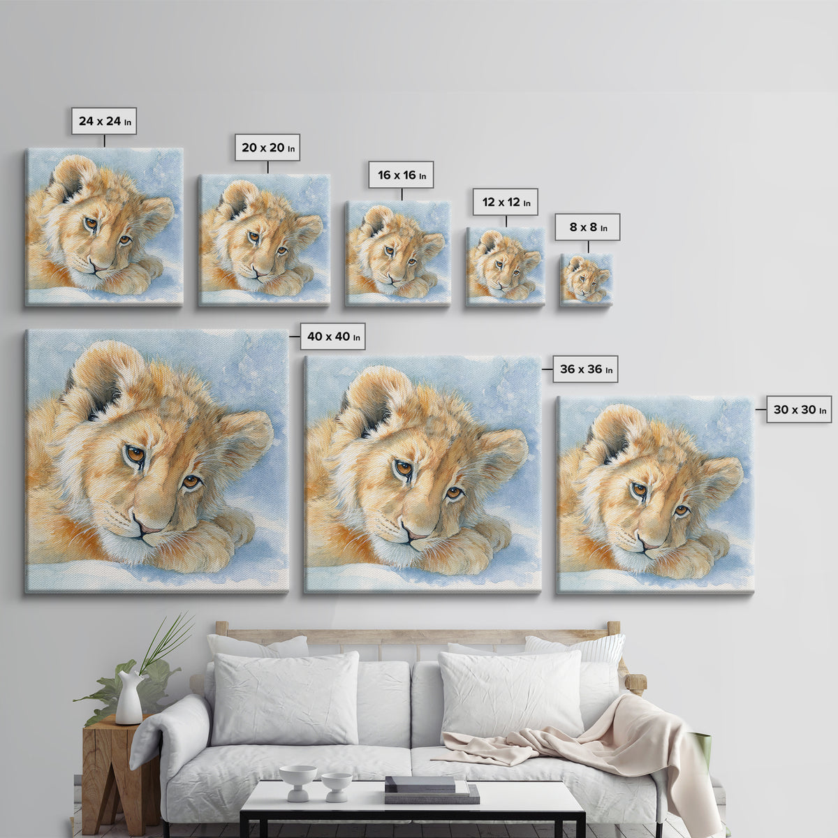 Lion Cub with Soft Golden Mane Canvas Print, Nursery Art, Textured Painting, Nursery Decor, Fine Art, Nursery, Wall Art Print, NUR-1x1-81